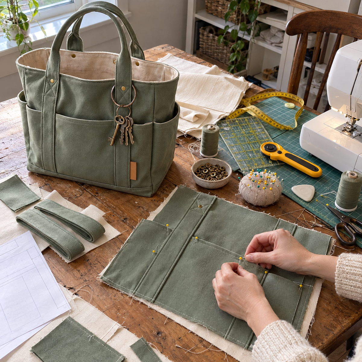 Multi-Pocket Canvas Tote Bag — PDF Sewing Pattern