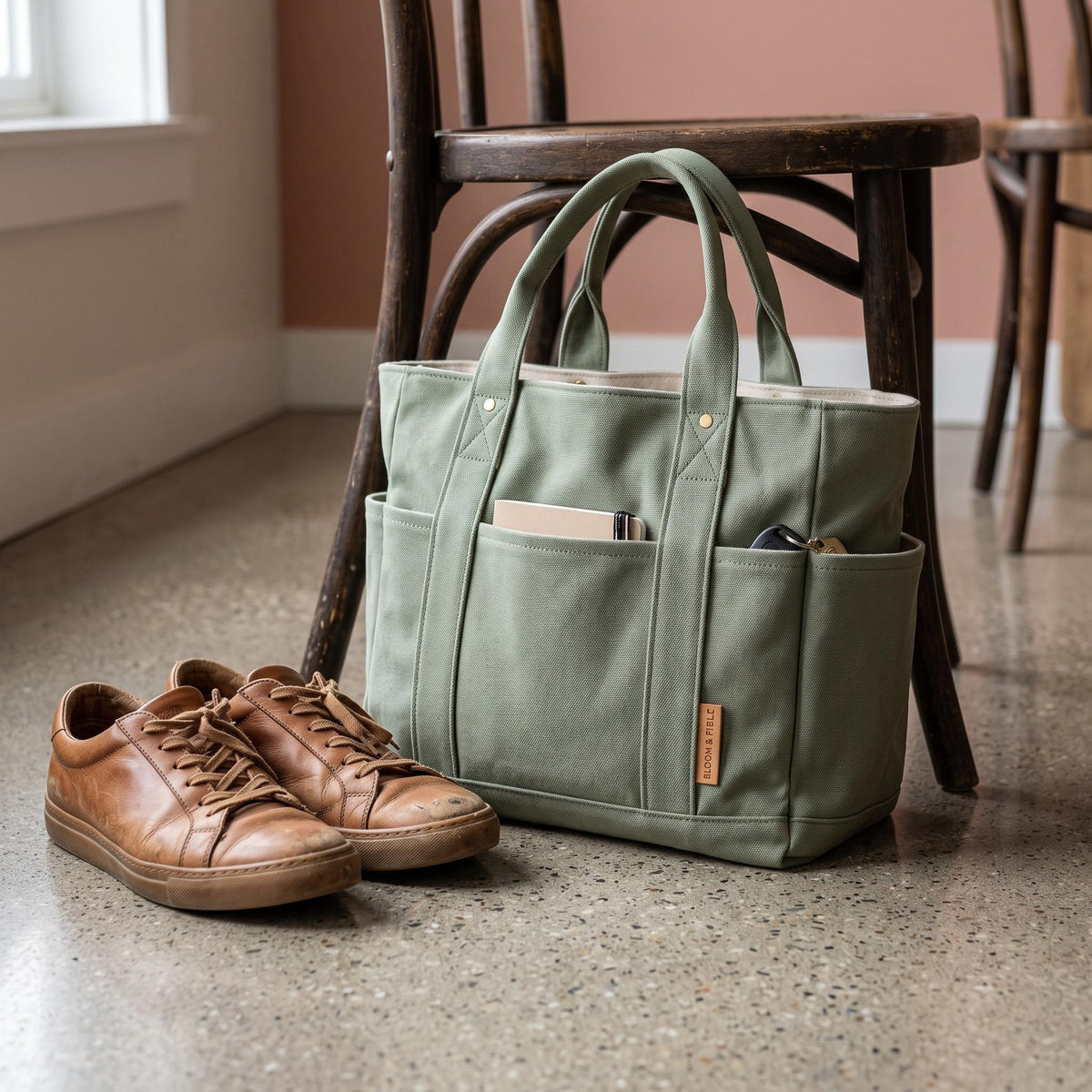 Multi-Pocket Canvas Tote Bag