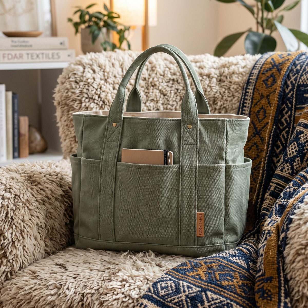 Multi-Pocket Canvas Tote Bag